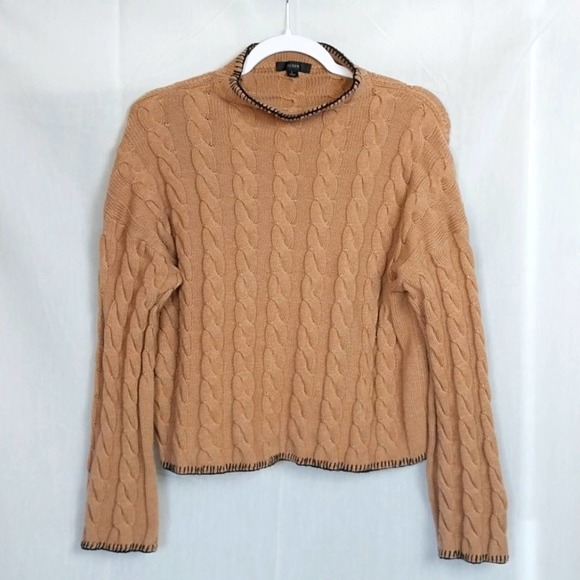 J. Crew Sweaters - J.CREW Cotton Cable-Knit Brown Mock Neck Sweater with black stitching Large